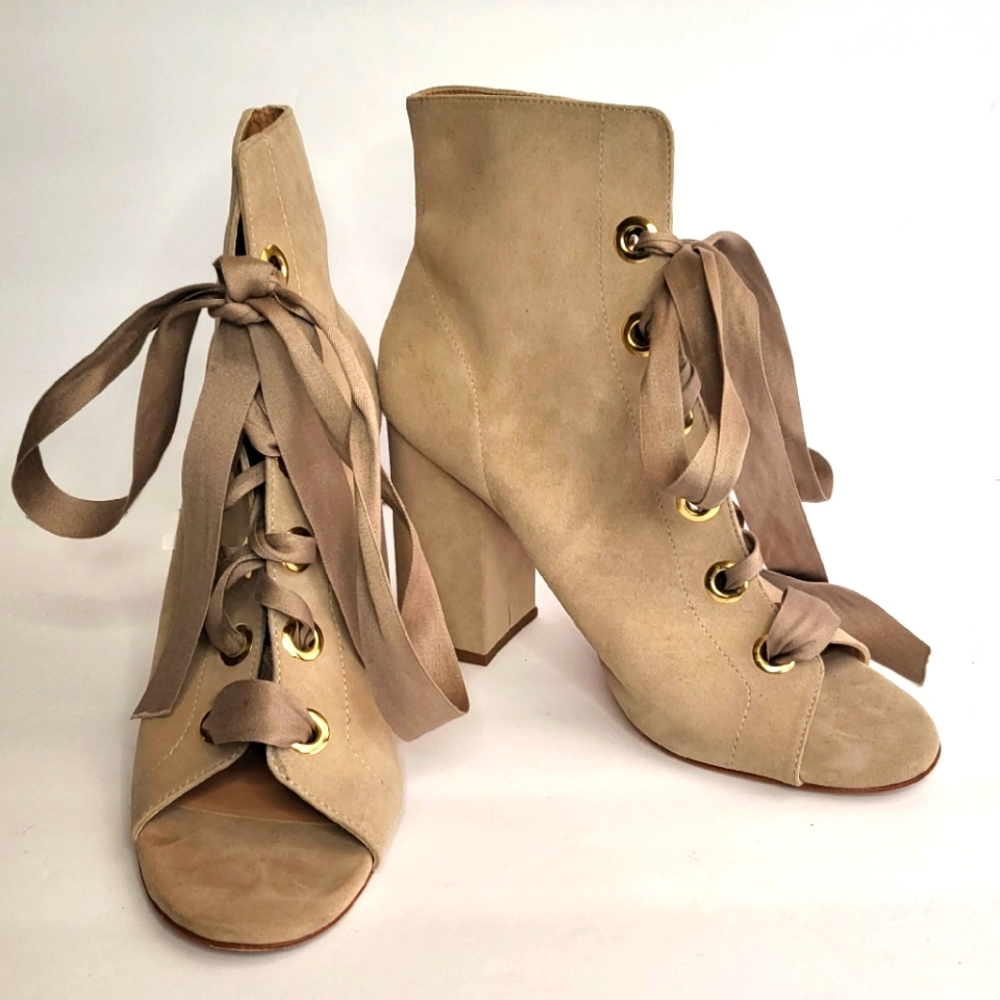 Ulla Johnson Tan Suede Lace-Up Open-Toe Ankle Boots